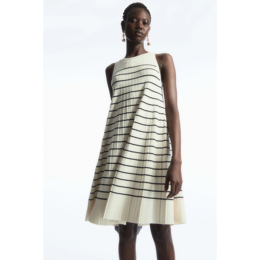 COS Pleated A-Line Mini Dress Cream‎ Black Striped Ribbed Knit Sleeveless XS